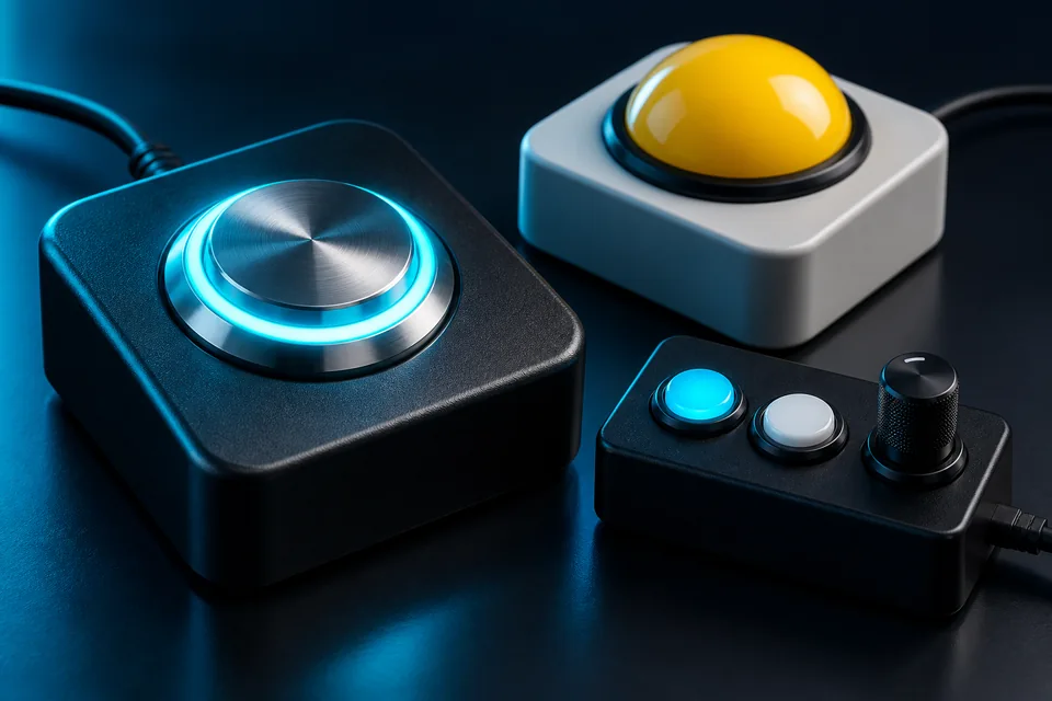 Concept render of custom USB controls with an illuminated button, yellow pushbutton and rotary control