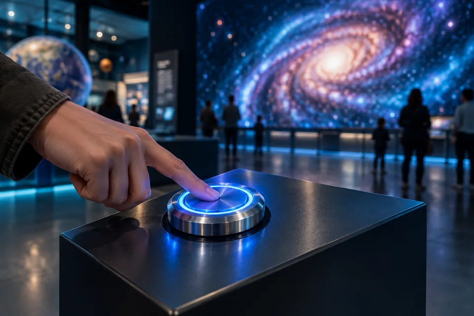 Concept image of a visitor pressing an illuminated button at a science museum exhibit