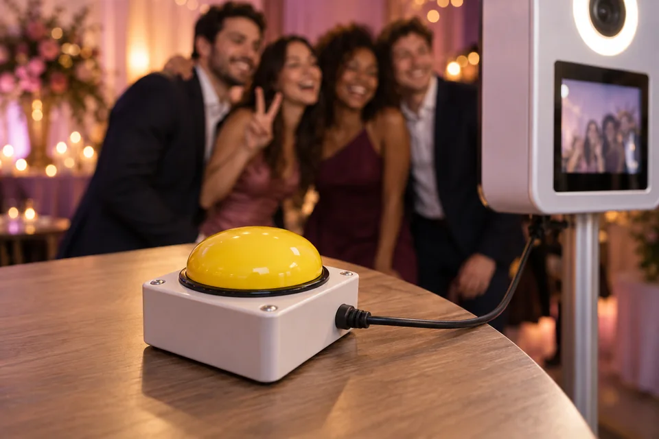 Concept image of a yellow USB photo booth start button with friends posing behind it